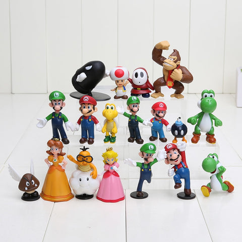 18pcs/set Super Mario Bros 1"-2.5" Yoshi Dinosaur Figure toy Super Mario Luigi Peach Koopa Toad PVC Action Figures