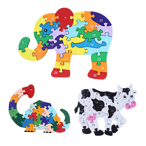 Wooden 3D Jigsaw Educational Toys Animals Elephant Cow Dinosaur Puzzle Wood Toys Kids Numbers Alphabetic Letters Learning Toys