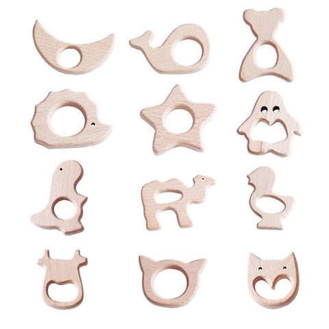 Novelty Baby Teether Teething Chew Toys Shower Gift Handmade Natural Wooden Cartoon Pendant