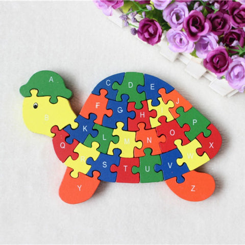 26 pcs 26 letters Jigsaw Puzzle for kids Alphanumeric recognition animals tortoise wood puzzles children  Educational Toys new