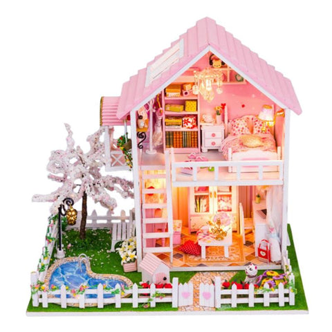 Cherry Tree Doll House Furniture DIY Miniature Dust Cover 3D Wood Dollhouse DIY Doll House Furniture Miniature Wooden 3D House