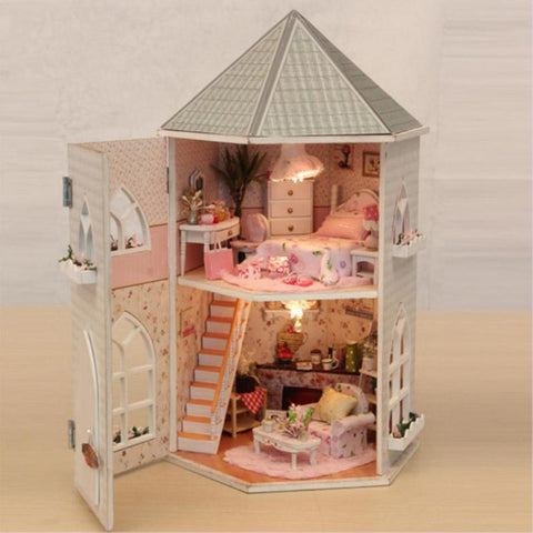 Kids Wooden Miniature Castle Model Children DIY Dollhouse Child Handmade Assembly Wood Hut Boys Girls Doll House Birthday Gifts